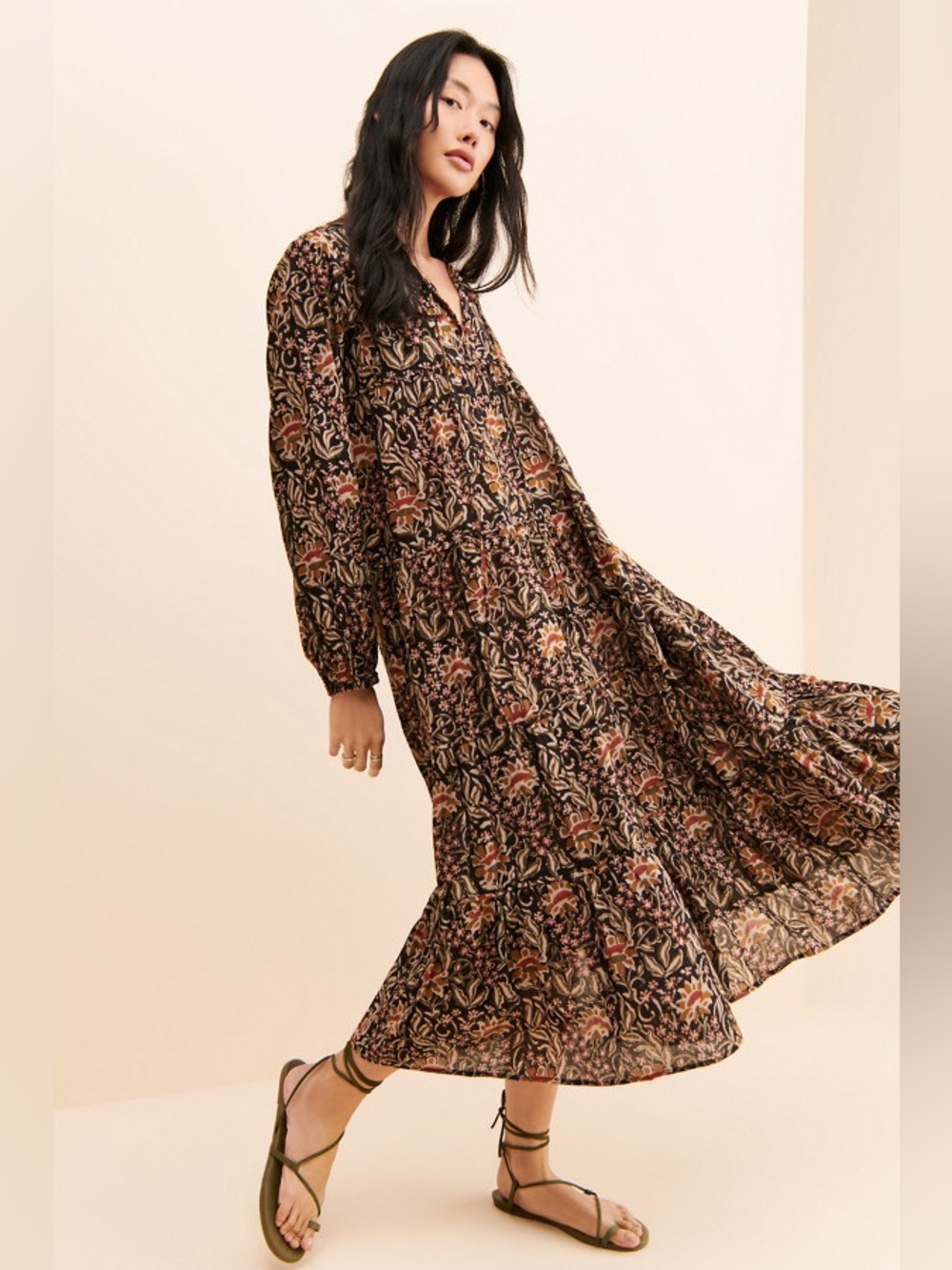 Anthropologie Maelu Designs Willow Midi Long Sleeve Floral Peasant Dress Size M
